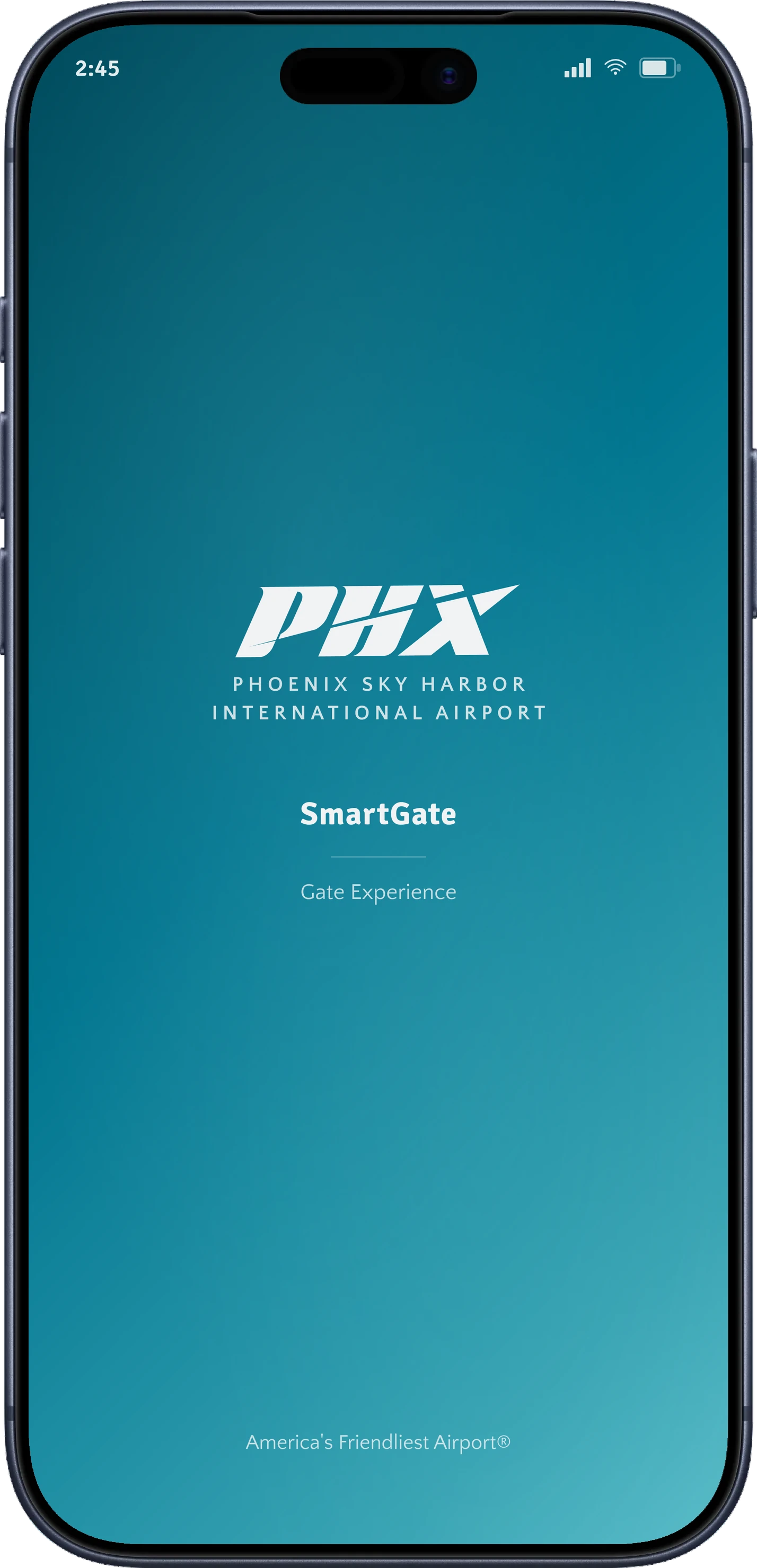 SmartGate splash screen with the PHX Sky Harbor logo and the tagline America's Friendliest Airport